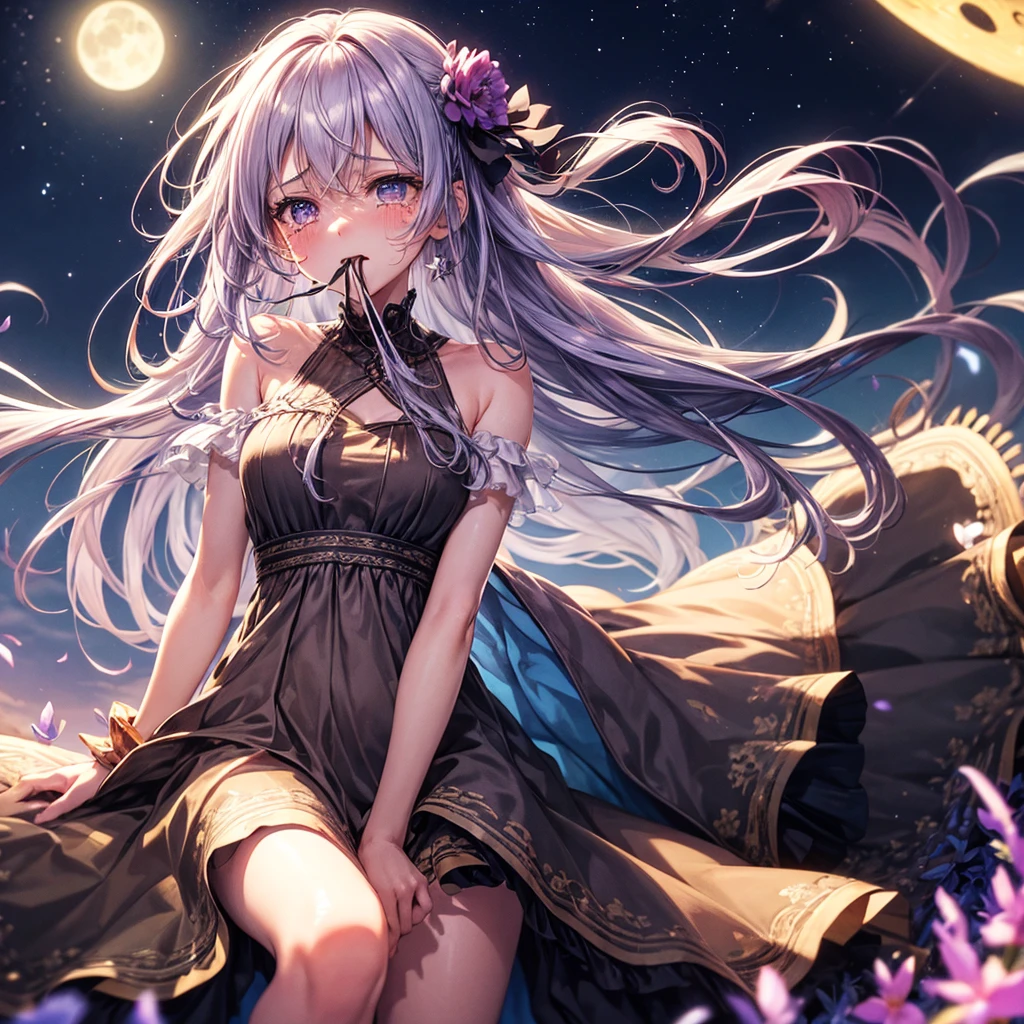 ((masutepiece,Best Quality)),(negative space:1.4),(1girl in, Solo:1.4),Beautiful detailed eyes,Floating pastel pink and lavender hair, Lavender eyes, At night, Starry sky, Shining stars, two shining moons, With my mouth wide open,Crying girl,length hair, Hair swaying in the wind, Tears fall and disappear into the sky,sitting on,Crying a lot,