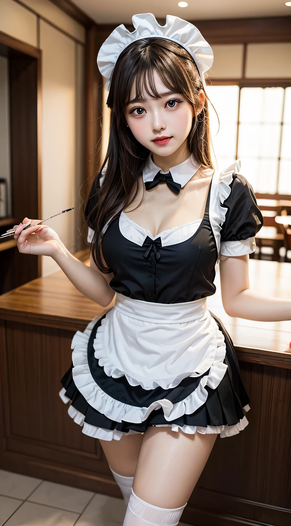 (ung girlrown hair, Amazing face and eyes, Pink eyes, seducting smile, (Maid café costume with frills, Pleated mini-skirt:1.5), (Wide open maid cafe costume:1.2), bared chest, (amazingly beautiful girl), Brown hair, Stylish hair ornamen Quality:1.4), (Ultra-detailed), (extremely detailed CG unified 8k wallpaper), Highly detailed, High-definition raw color photos, Professional Photography, depth of fields, (View from below),