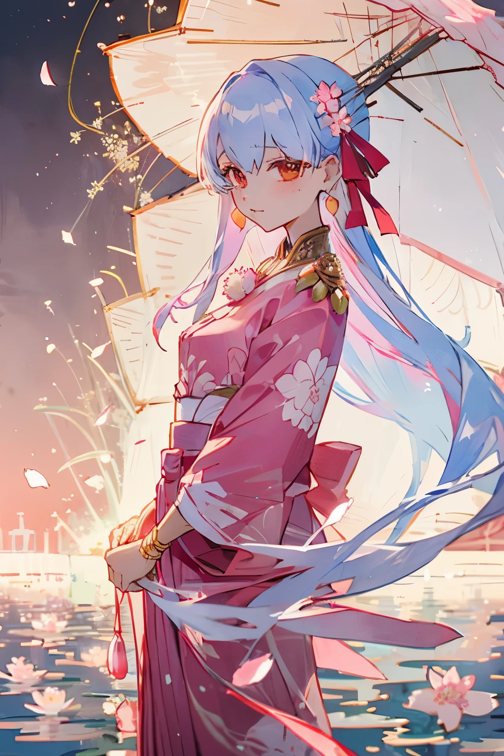 teenage Kama in a yukata watching fireworks, long hair, cherry flower in hair, patterned clothes, medium bust size