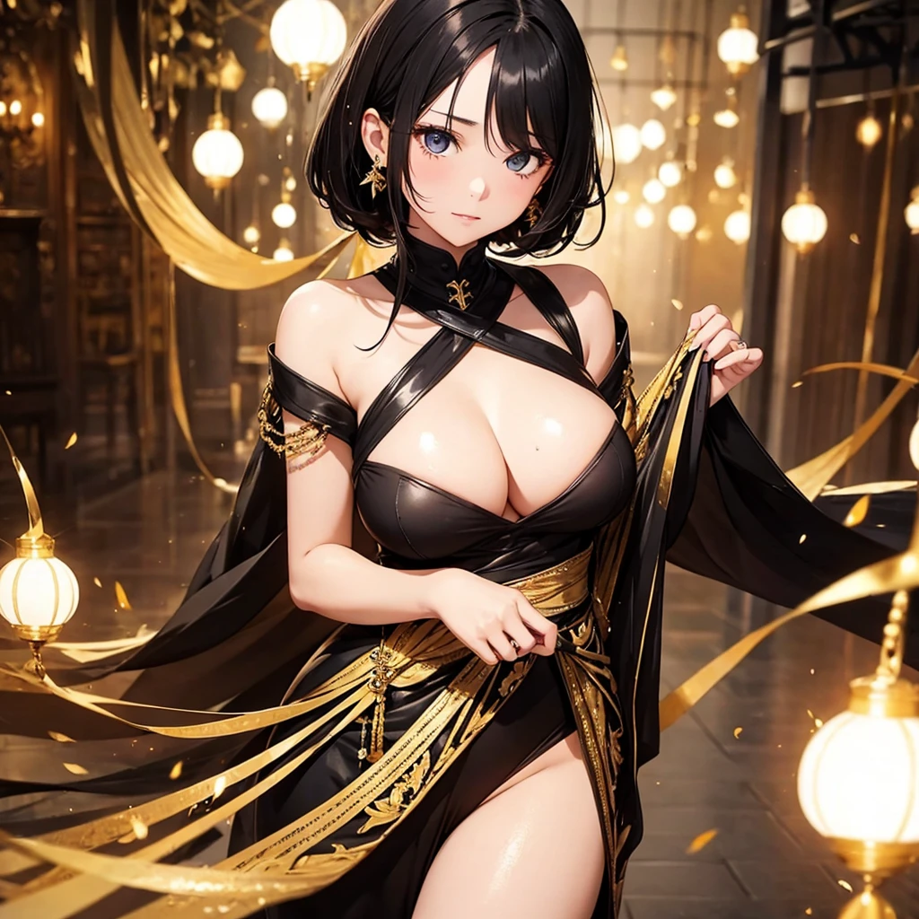 1 Girl, random background, black hair colour, Golden and black dress, ultra quality, beautiful eyes, perfect body, high quality, cute medium breast, sexy face, perfect breast,