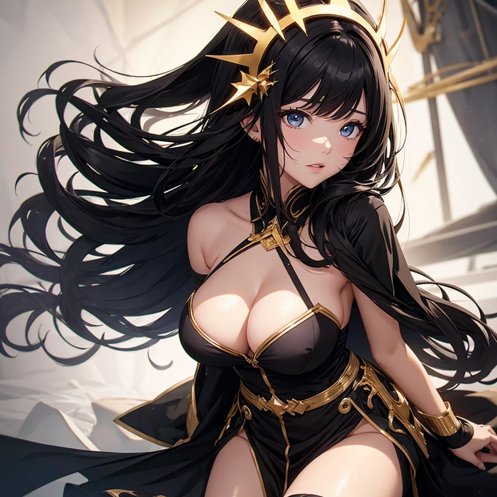 1 Girl, random background, black hair colour, Golden and black dress, ultra quality, beautiful eyes, perfect body, high quality, cute medium breast, sexy face, perfect breast,