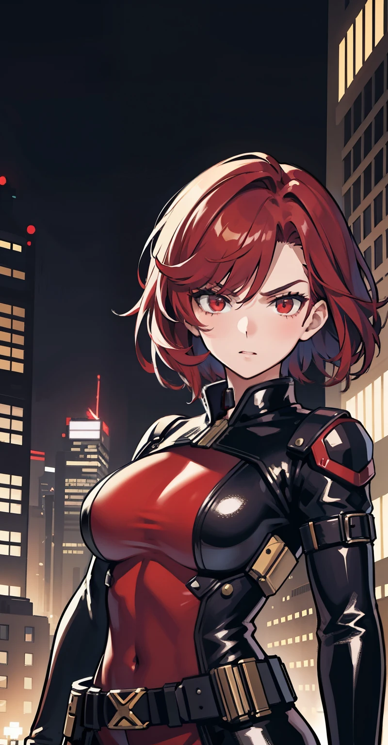 1girl, masterpiece, lady_nagant, short hair, red hair,  red eyes, serious, black suit, portrait, mechanical belt, night city background, latex,