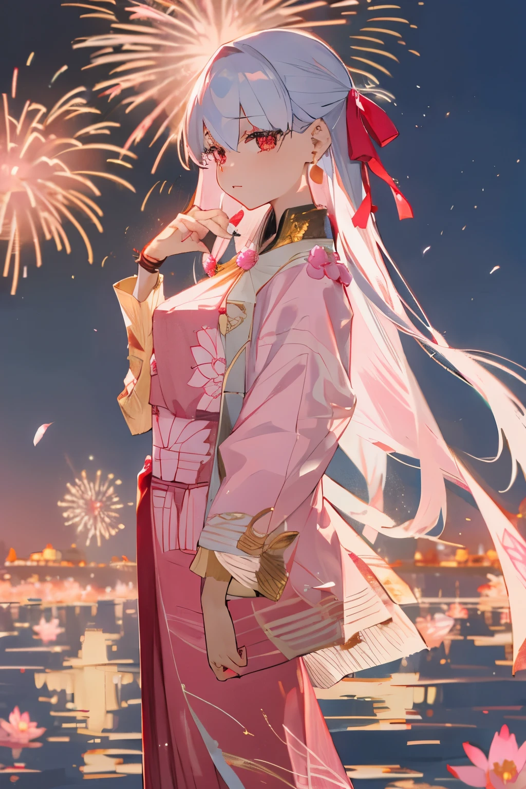 teenage Kama in a yukata watching fireworks, long hair, cherry flower in hair, patterned clothes, medium bust size