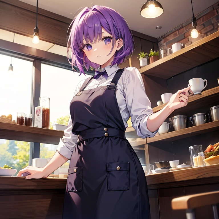 A girl with short purple hair wearing a waist apron working at a cafe