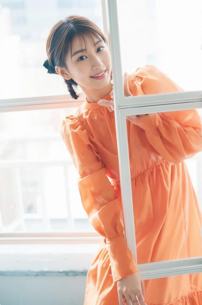 (On a table, Best quality, realistically, ultra - detailed, meticuloso, A high resolution, 8k wallpaper), Close-up portrait of a beautiful woman, Chariada, Smiling, light brown messy hair, Perfect dynamic composition, 美丽meticuloso的眼睛, Just like the cover of a fashion magazine, On campus