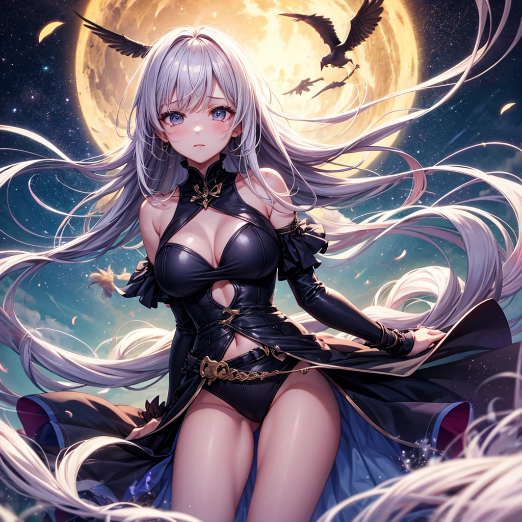 masterpiece, best quality,, 1 Girl, (rich and colorful),(Beautiful eyes and delicate face),cinematic Lighting,Half-length photo,Extremely detailed CG unity 8k wallpaper,White hair,Solitary,Smile,Delicate skirt,((Flying petals)),(Flowering meadow), Sky, cloudy_Sky, architecture, moonLight, moon, night, (Dark theme:1.3), Light, fantasy,