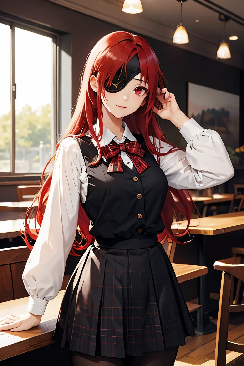 ((best quality)), ((masterpiece)), (detailed), perfect face, ((eyepatch:1.2)), (long hair:1.4), (red hair, red eyes:1.4), 1girl, solo, skirt, shirts, vest, legging, white shirts, Button-up shirts, black vest, smile, outdoors, black skirt, looking at viewer, black legging, rose pattern legging, long sleeves, bangs, ribbon, frilled skirt, frills, plaid, bow, Star shape eyepatch, gold eyepatch, standing, red ribbon, wide sleeves, hand on waist, medium breasts, cafe, inside bosco cafe, cowboy shot, elegance, adult women