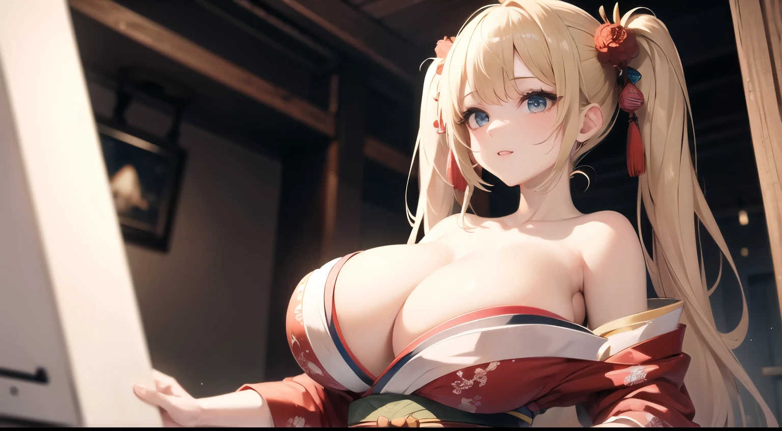 (huge breasts), (((masterpiece, best quality))), cute girl, twin tail blonde, bare shoulders, kimono