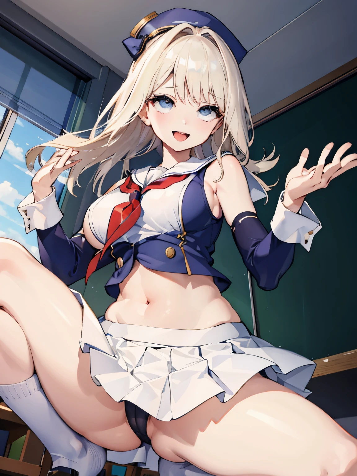 top-quality、realistic touch,high-detail、photoRealstic、thin-waist、captive beauty、big eye、solid platinum-blonde eyelashes、platinum-blonde、full body Esbian、Sparkling eyes、Submissive smile、Flushed cheeks、Kamimei、thin-waist、Voluptuous thighs、Enraptured look、In the classroom of the school、Navel look、She is in estrus、a sailor suit、cocky expression、Colossal tits、Super short skirt with V-line visible、Camera angle from below、Big breasts visible between uniform and stomach、Sleeveless、Squat with open legs