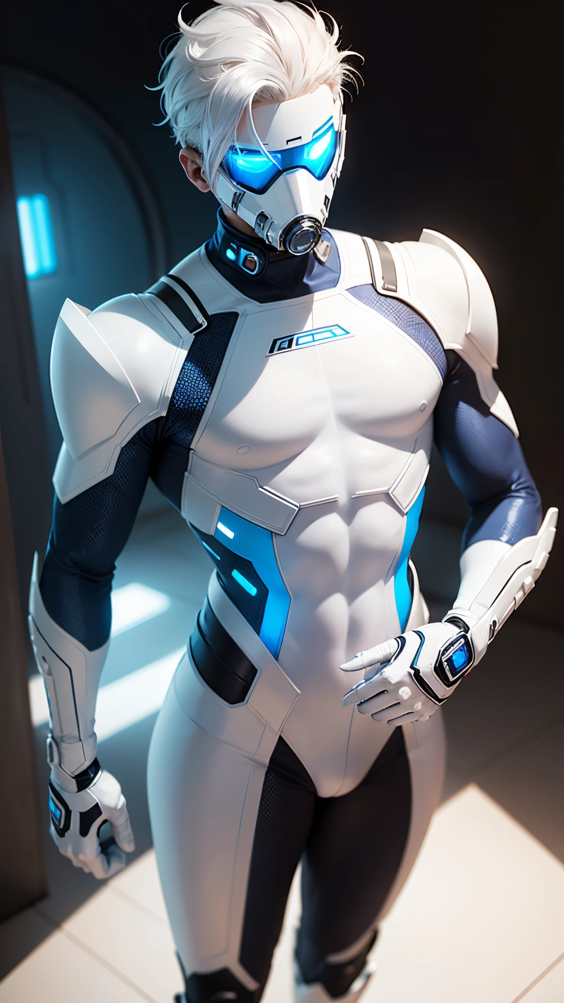 body suit, white and blue suit, futuristic suit, white gloves, skin tight bodysuit, toned male, teenager, young male, face mask, bodysuit, futuristic, sci fi, toned male,gas mask, hands visible, hair visible, muscular, nipples, bulges, holding tools, mask covering face, vizor, eyes covered, pale skin, looking at tool, multiple people