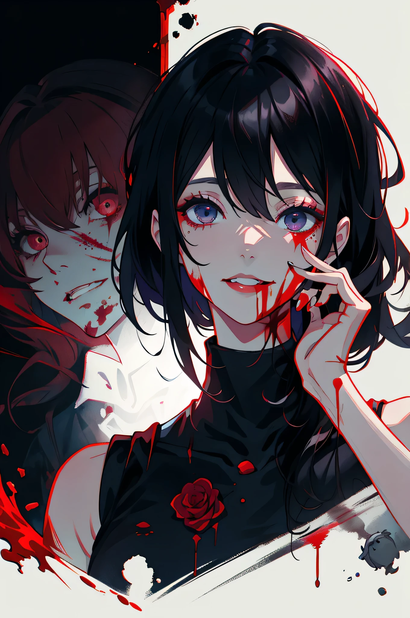 Vanessa_Colgurin, yandere, crazy eyes, crazy, crazy smile, masterpiece, 1girl, solo, solo focus, blood on face, blood, blood on clothes, nosebleed, psychopath, horror \(theme\), black hair, sleeveless, black sleeveless turtleneck, upper body, finger to mouth, finger biting, messy hair,