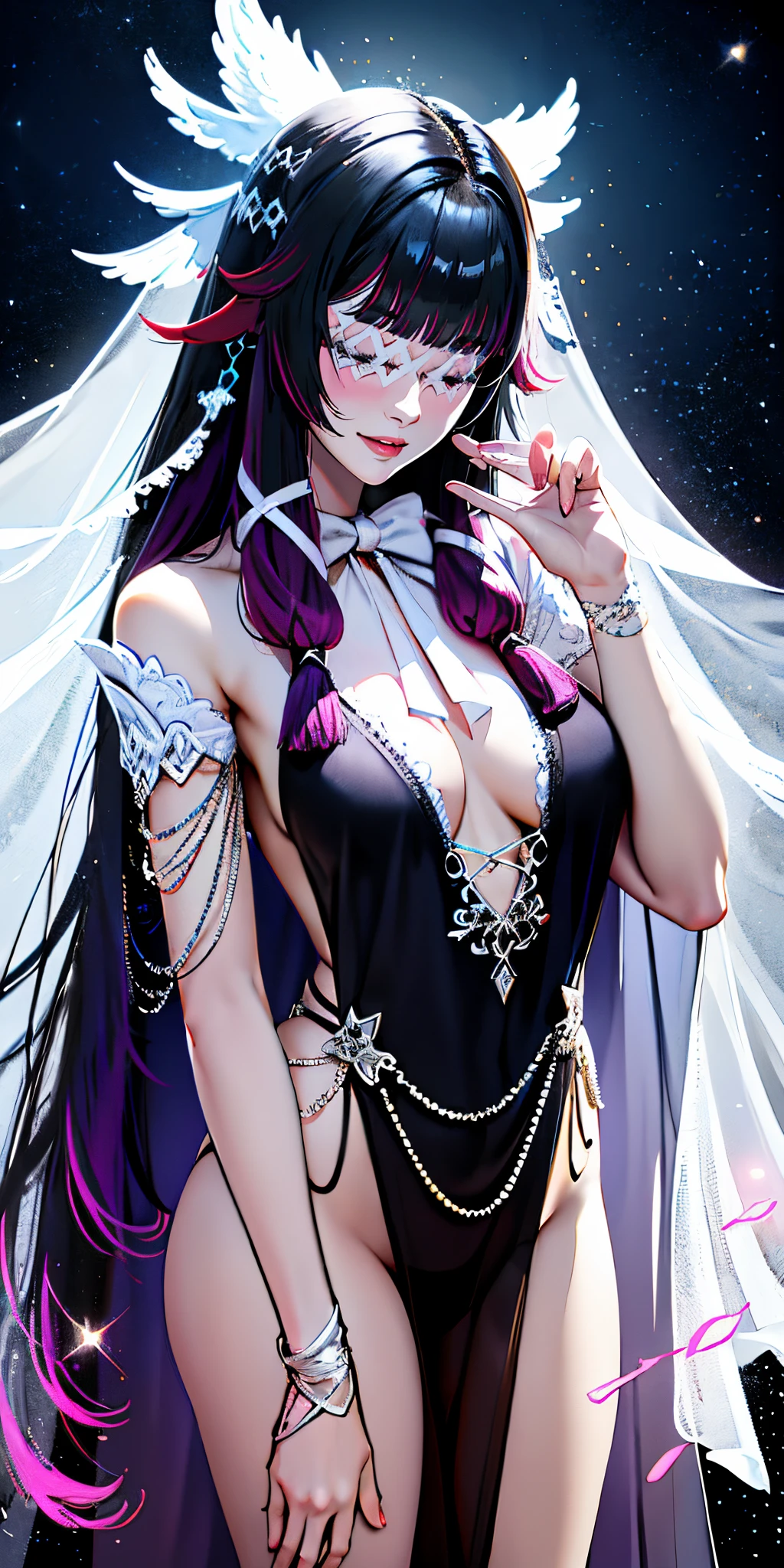 （（tmasterpiece，best qualtiy）），perfect  detail，Unity 8k壁纸，offcial art，genshin impact，young and beautiful girl，独奏，Model figure，shiny skins，Gorgeous Hair in Long Purple，Exquisite Hair，Short smile，eye closeds，Keep your eyes closed，（（White grid-like veil）），A shy expression，（Black fur shawl），White cloak，sexyposture，（Perfect Finger），seduce，，standing on your feet，The background is a dreamy void，As estrelas，themoon，thin fog，rim-light，Realistic light and shadow，closeup cleavage