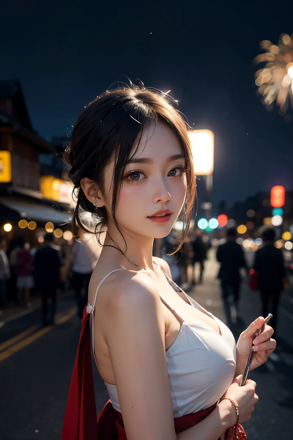 Dresses,See-Through,Light,18+,Nobra,Central Tokyo,japan,กินอาหารjapan,nighttime,firelight,
Looks happy.,moon,bokeh,firework,festival,rocket,lamp,floating lantern drop shadow, anaglyph, stereogram, tachi-e, pov, atmospheric perspective, 8k, super detail, ccurate, best quality