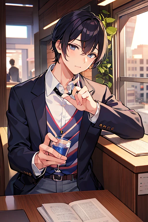 (1 adult male),A high resolution、sharp-focus、Pixiv masterpiece,((complexdetails)),Extremely detailed,natsuki_subaru,Man sits straddled,open open mouth,Purple eyes(Glowing eyes),Short thin purple hair,in a white shirt,Wear a tie and belt,perspire,The viewing angle is from below。