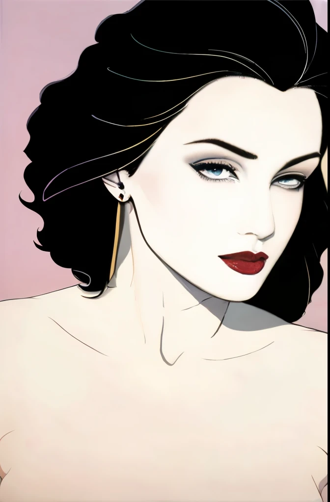 (Masterpiece Art:1.1), (Best Quality), woman with beautiful lipstick, on retro background, With art style by Patrick Nagel, Beautiful, highly detailed painting, (highly detailed incline), (Detailed face), (Detailed eyes:1.1), (Perfect body), modelshoot, Professional Photography, Official art, Synth Wave, androgyny, 8K, hard disk, High quality,  awardwinning, fullnude,