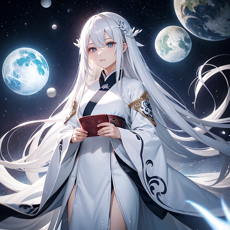 silver long hair, white hanfu, deep space-like eyes, elements of I Ching trigrams