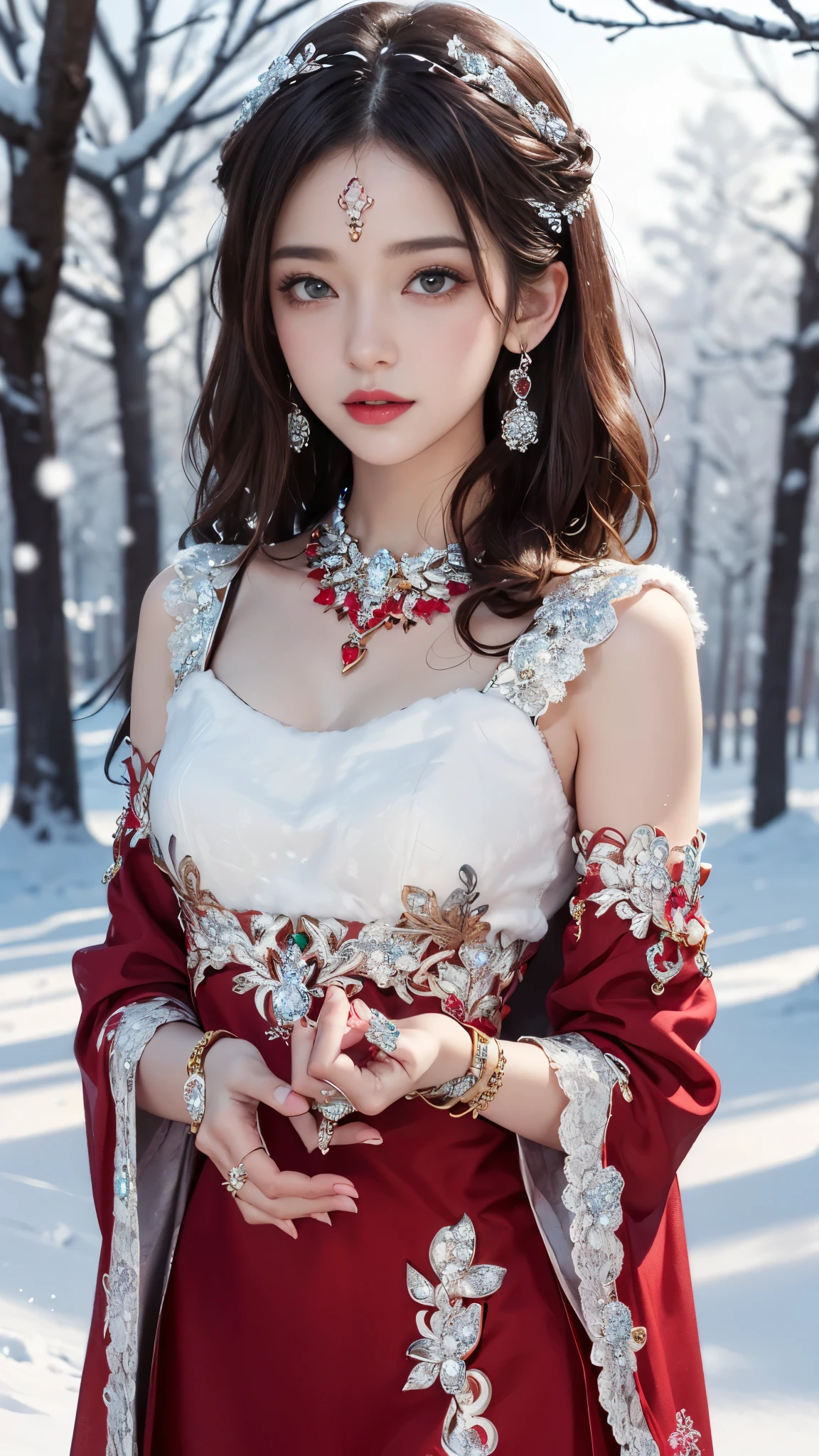 8k, masterpiece, 1 girl, beautiful face, very long hair, light makeup, detailed eyes, detailed lips, small bust, winter dress, red dress, (wearing jewellery:1.8), (lace:1.4), ((snow falling)), attractive poses,