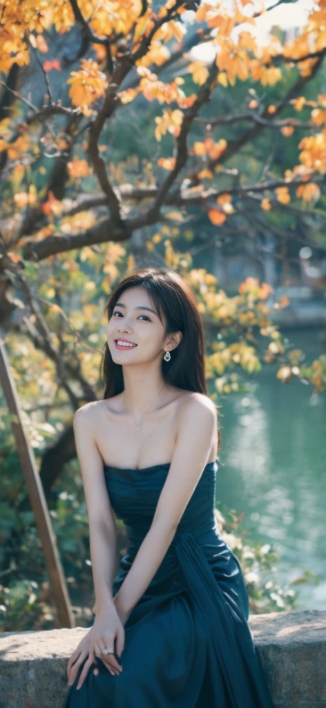 (On a table, Best quality, realistically, ultra - detailed, meticuloso, A high resolution, 8k wallpaper), Close-up portrait of a beautiful woman, Chariada, Smiling, light brown messy hair, Perfect dynamic composition, 美丽meticuloso的眼睛, Just like the cover of a fashion magazine, On campus