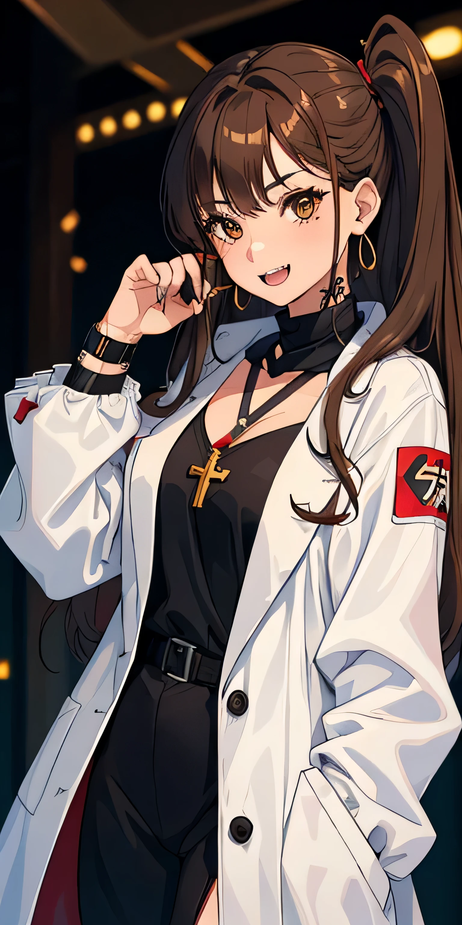 1 girl , Brown Hair , 19 year old , Big Labcoat , Vampire , Cross Earrings , Neck Tattoo , Fangs , brown eyes Eyes