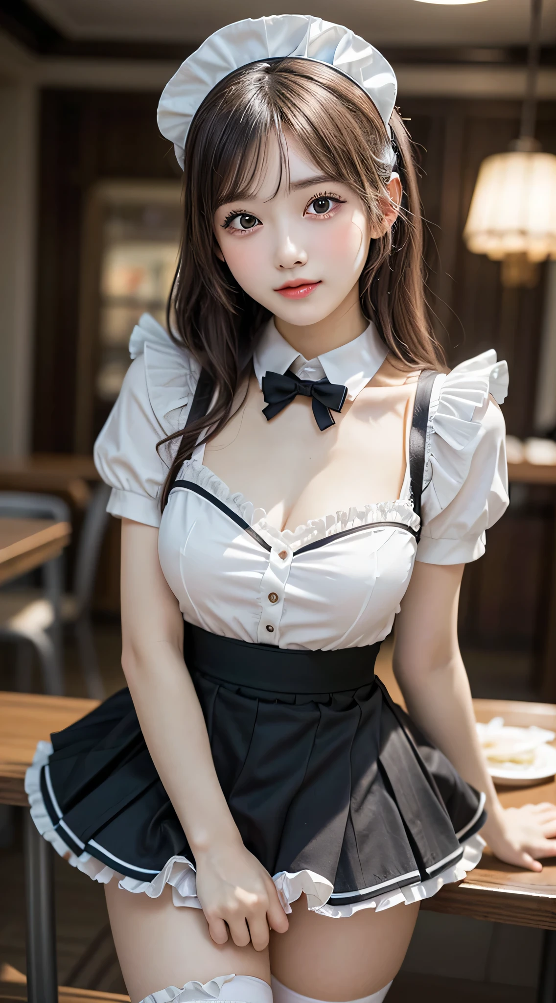 (1young girlrown hair, Amazing face and eyes, Pink eyes, seducting smile, (Maid café costume with frills, Pleated mini-skirt:1.5), (Wide open maid cafe costume:1.2), bared chest, (amazingly beautiful girl), Brown hair, Stylish hair ornamen Quality:1.4), (Ultra-detailed), (extremely detailed CG unified 8k wallpaper), Highly detailed, High-definition raw color photos, Professional Photography, depth of fields, (View from below),
