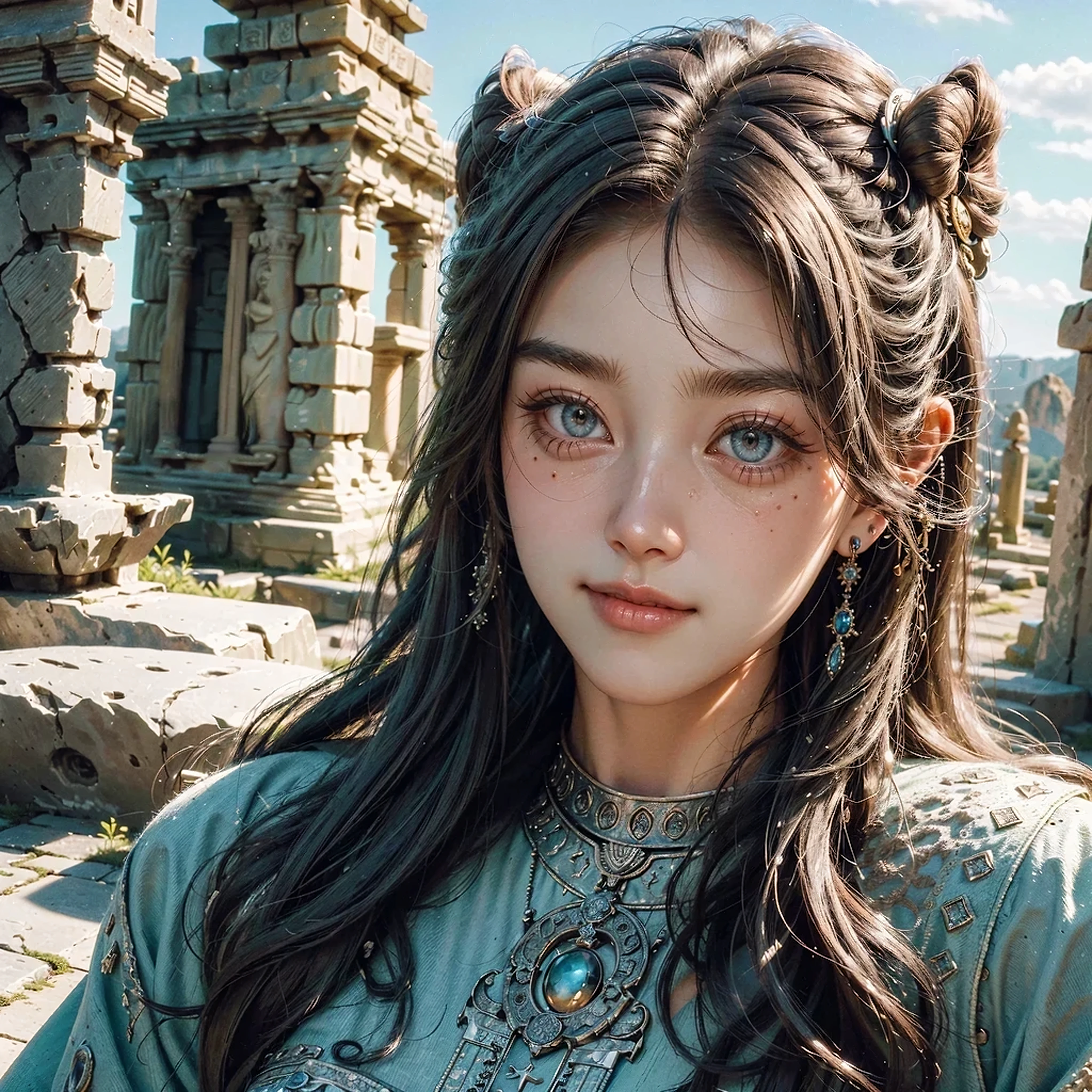best quality, 8k, UHD, highres, masterpiece, ultra-detailed, realistic, photorealistic, photo-realistic, portrait, 1woman, long hair, at the museum, Mysterious Ancient Relics, ancient relic, stone relic, stone