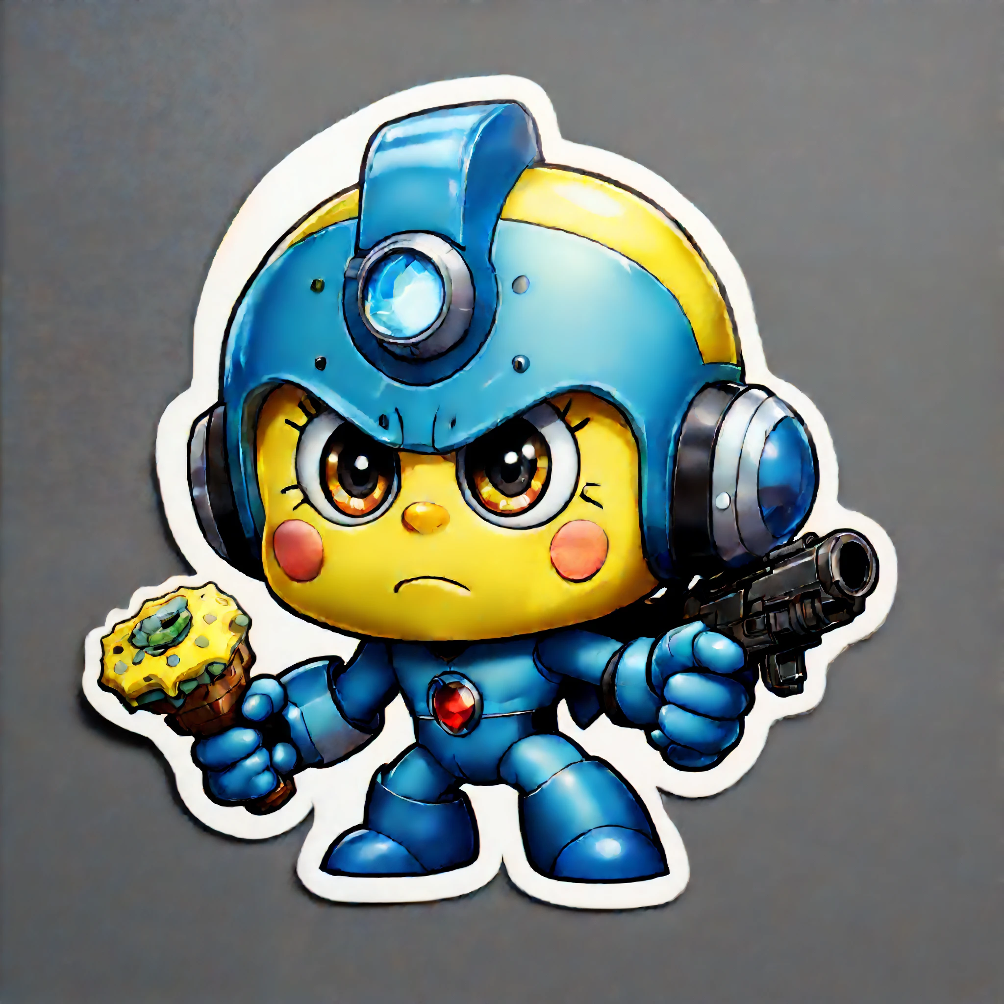 big (sticker) of a cute adorable furious (((megaman-x Spongebob))) ((looking at the viewers)) ((vivid eyes)), (holding a gun), ((Noir vibes)), simple background, stickers, More Detail