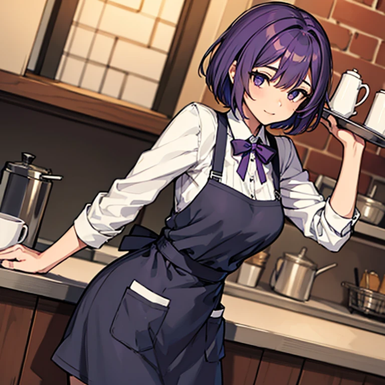 A girl with short purple hair wearing a waist apron working at a cafe