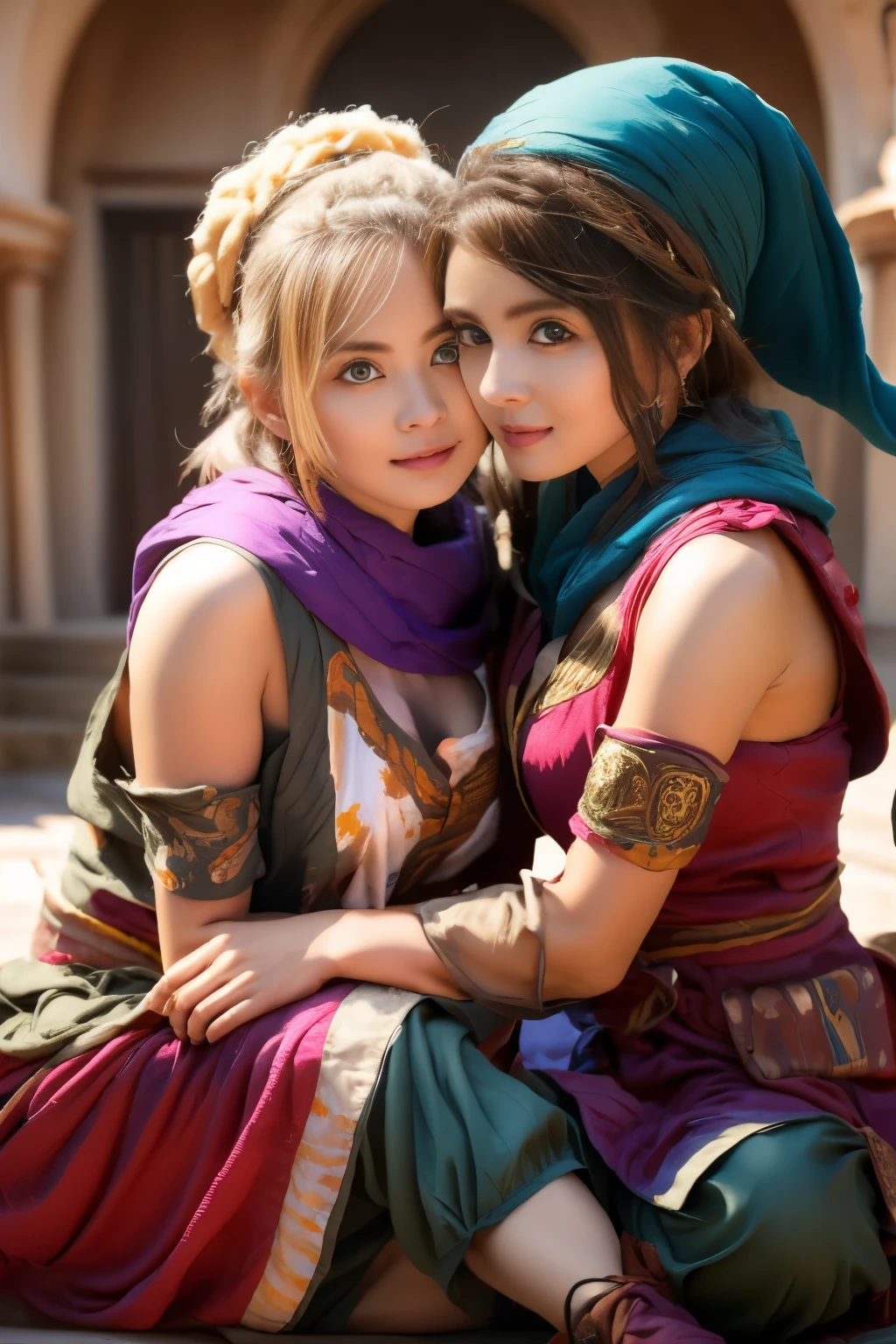 All faces and pictures must be different, two female oen soldiers with colorful robes, sitting,dynamic pose,big eyes,magical world,fantastic world