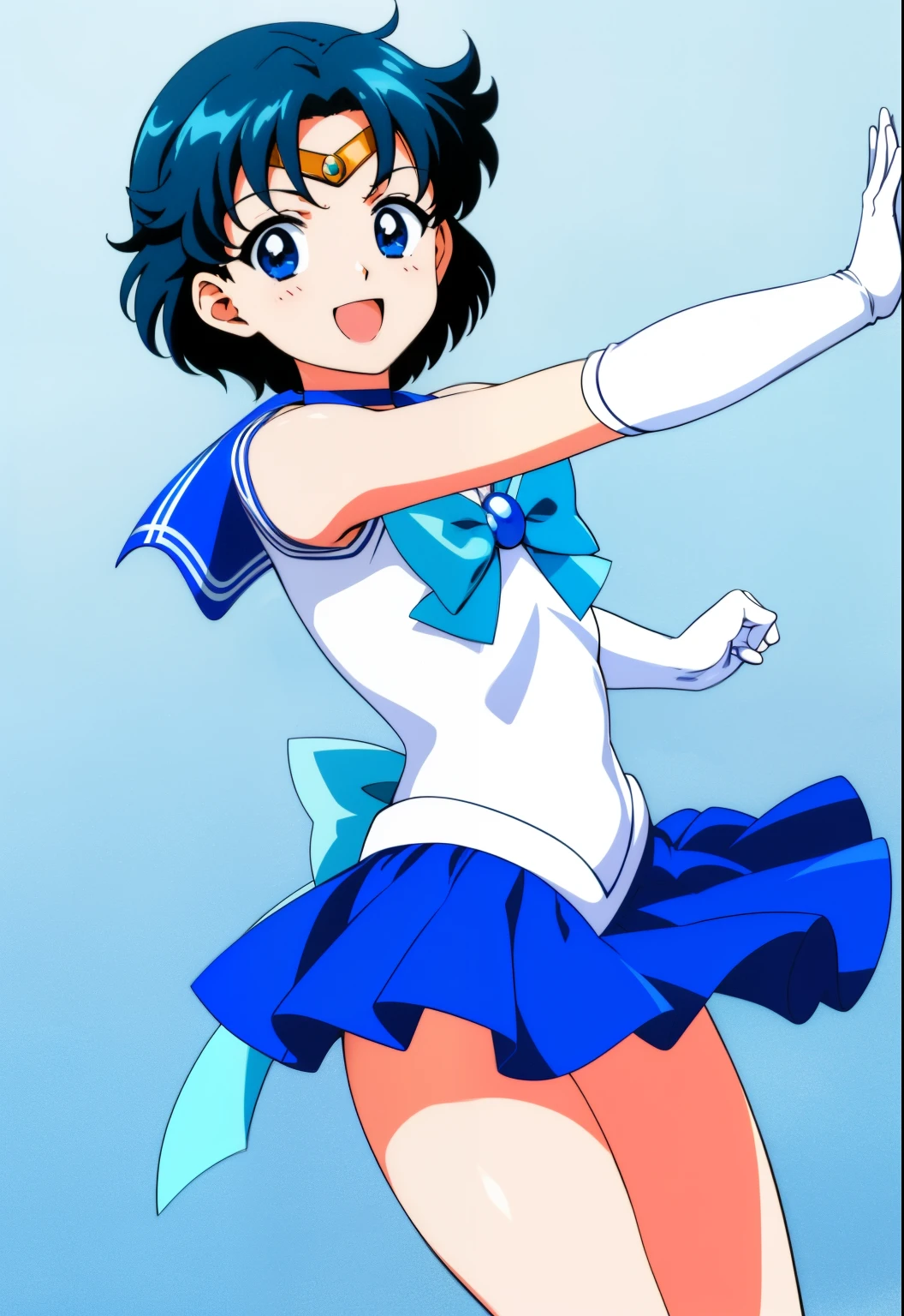 Top Quality Anime Art、masterpiece、high definition anime art、アニメstyles4K、Anime Boy、 boys、gender change、gender change(Girls to boys)、Sailor Mercury、solo、Sailor Senshi Uniform、Ami Mizuno、Masculinization、Blue choker、rating:safe、Blue-eyed boy、Blue sailor collar、Sky blue bow tie、Very short blue-haired boy、skirt、a blue skirt、blue_theme、white_theme、bow、smile、Magical Boy、white glove、elbowgloves、jewelry、White leotard、highleg leotard、robe blanche、open_mouth、back_bow、Splashes around him、official_style、耳环、arms outstretched、looking_at_viewer、Muscular and strong、blush、cowboy_shot、Strong muscles、aqua_theme、circlet、blue_background、Muscular men、white_background、a miniskirt、pleatedskirt、Bare shoulders、bare legs、(1990's\(styles\):0.9)、