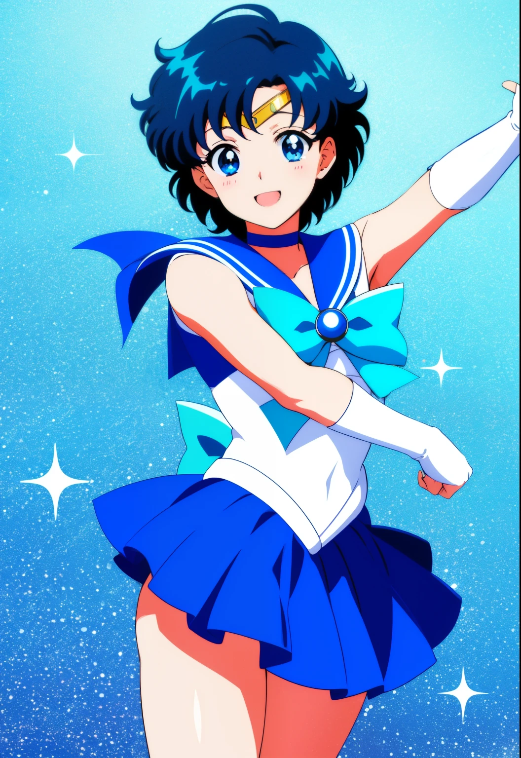 Top Quality Anime Art、​masterpiece、high definition anime art、アニメstyles4K、Anime Boy、Junior high school boys、gender change、gender change(Girls to boys)、Sailor Mercury、solo、Sailor Senshi Uniform、Ami Mizuno、Masculinization、Blue choker、rating:safe、Blue-eyed boy、Blue sailor collar、Sky blue bow tie、Very short blue-haired boy、skirt、a blue skirt、blue_theme、white_theme、bow、smile、Magical Boy、white glove、elbowgloves、jewelry、White leotard、highleg leotard、robe blanche、open_mouth、back_bow、Splashes around him、official_style、耳环、arms outstretched、looking_at_viewer、Muscular and strong、blush、cowboy_shot、Strong muscles、aqua_theme、circlet、blue_background、Muscular men、white_background、a miniskirt、pleatedskirt、Bare shoulders、bare legs、(1990's\(styles\):0.9)、