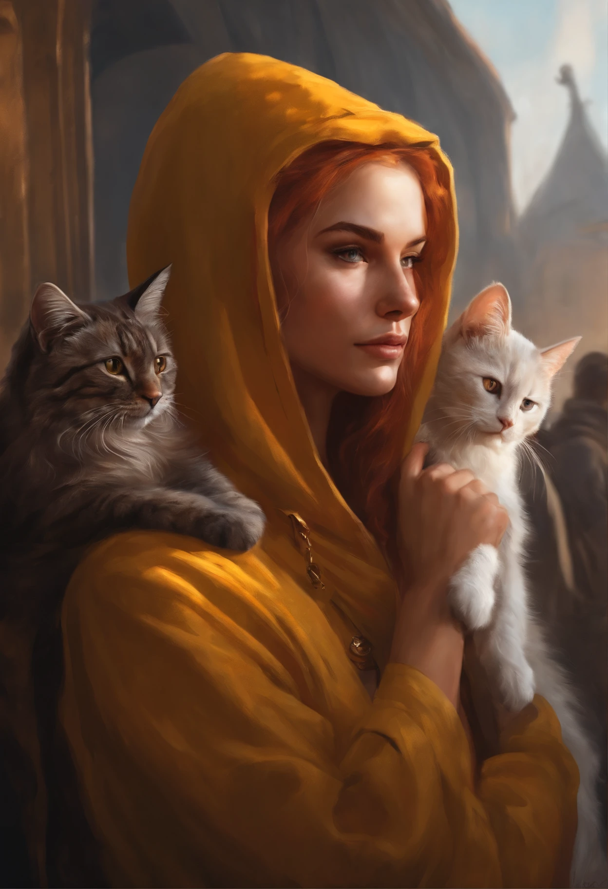 Photo of a burning man with gray hair with a cat on his shoulder., yellow eyes and hoodie., fire, scratch on face, beautiful character painting, white-haired god, graphic artist magali villeneuve, alena aenami and artgerm, fantasy concept art portrait, female redhead templar, Artgerm Craig Mullins, charlie bowater character art, magali villeneuve', charlie bowater rich deep colors, gorgeous digital painting
