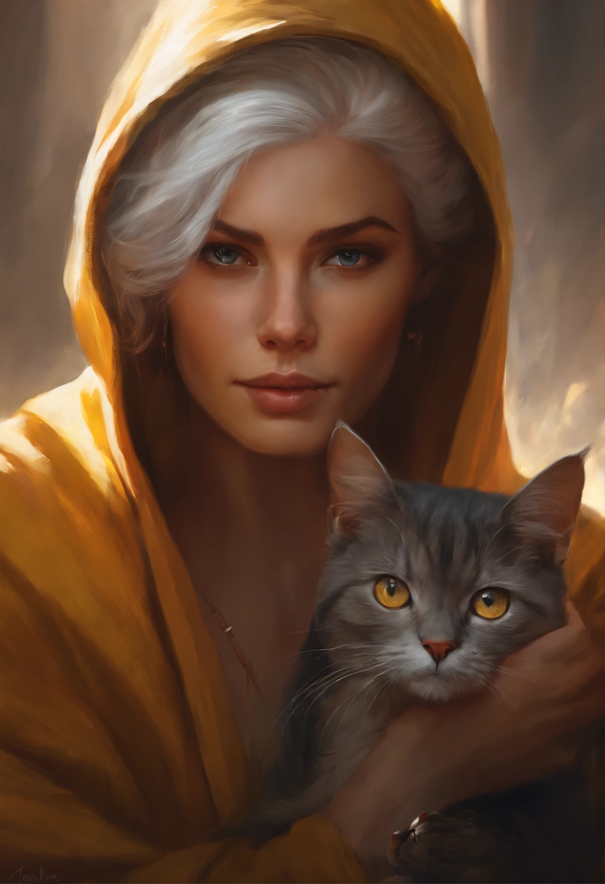 Photo of a burning man with gray hair with a cat on his shoulder., yellow eyes and hoodie., fire, scratch on face, beautiful character painting, white-haired god, graphic artist magali villeneuve, alena aenami and artgerm, fantasy concept art portrait, female redhead templar, Artgerm Craig Mullins, charlie bowater character art, magali villeneuve', charlie bowater rich deep colors, gorgeous digital painting
