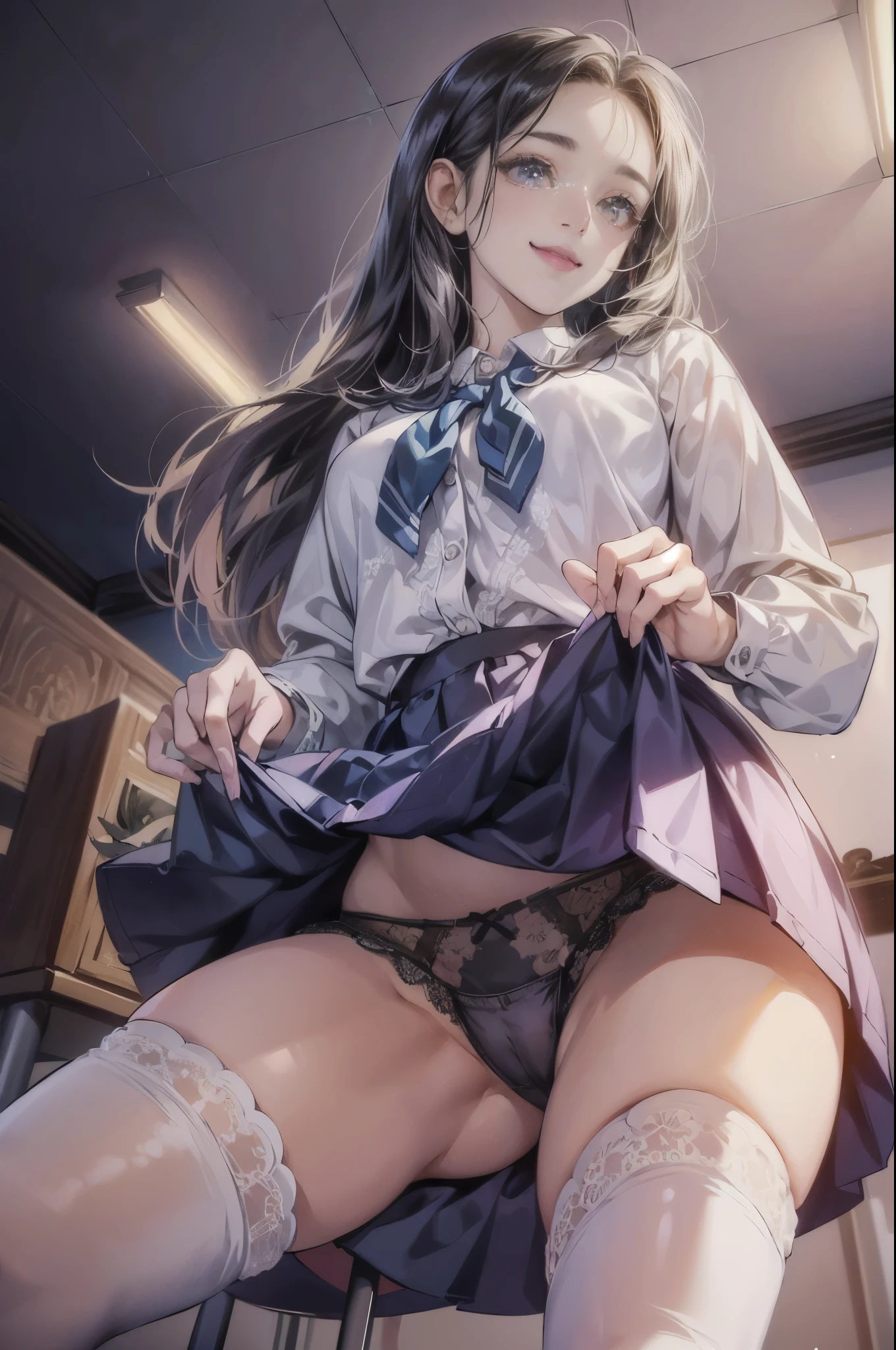 (((from below:1.3, ceiling, intense low angle shot from between legs:1.3))),(Scale to fit the dimensions, crotch focus, close-up character:1.1) , sharp focus, photo-realistic:1.3,masterpiece:1.4, best quality, Highest details, beautiful and aesthetic,BREAK
(((1 girl))),{{{ lifting skirt to show panties:1.3}}}, standing, legs open, wide open stance:1.3))),{ _y.o., Caucasian school girl, very adorable, pretty},BREAK
((( school uniform, micro mini skirt:1.3, sexy lace panties, black knee_high_stocking))), super detailed beautiful white skin, large Perky breasts, toned slender body, thin beautiful legs,detailed perfect fingers,BREAK
highest detailed face,((( enjoying, smile:1.3))),((( looking down, watching at Viewer:1.3))),( round Eyes, double eyelid, mascara, Very long eyelashes), messy shiny hair, BREAK
(official art, extreme detailed, highest detailed), ((( perfect lighting:1.3))), depth of field, beautiful scene in classroom, desk, chair, blackboard behind