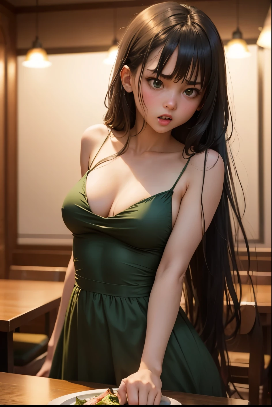 Cute girl, Angry girl wearing a long dark green dress, sexy, porn, fuck, naked, Eat in a restaurant