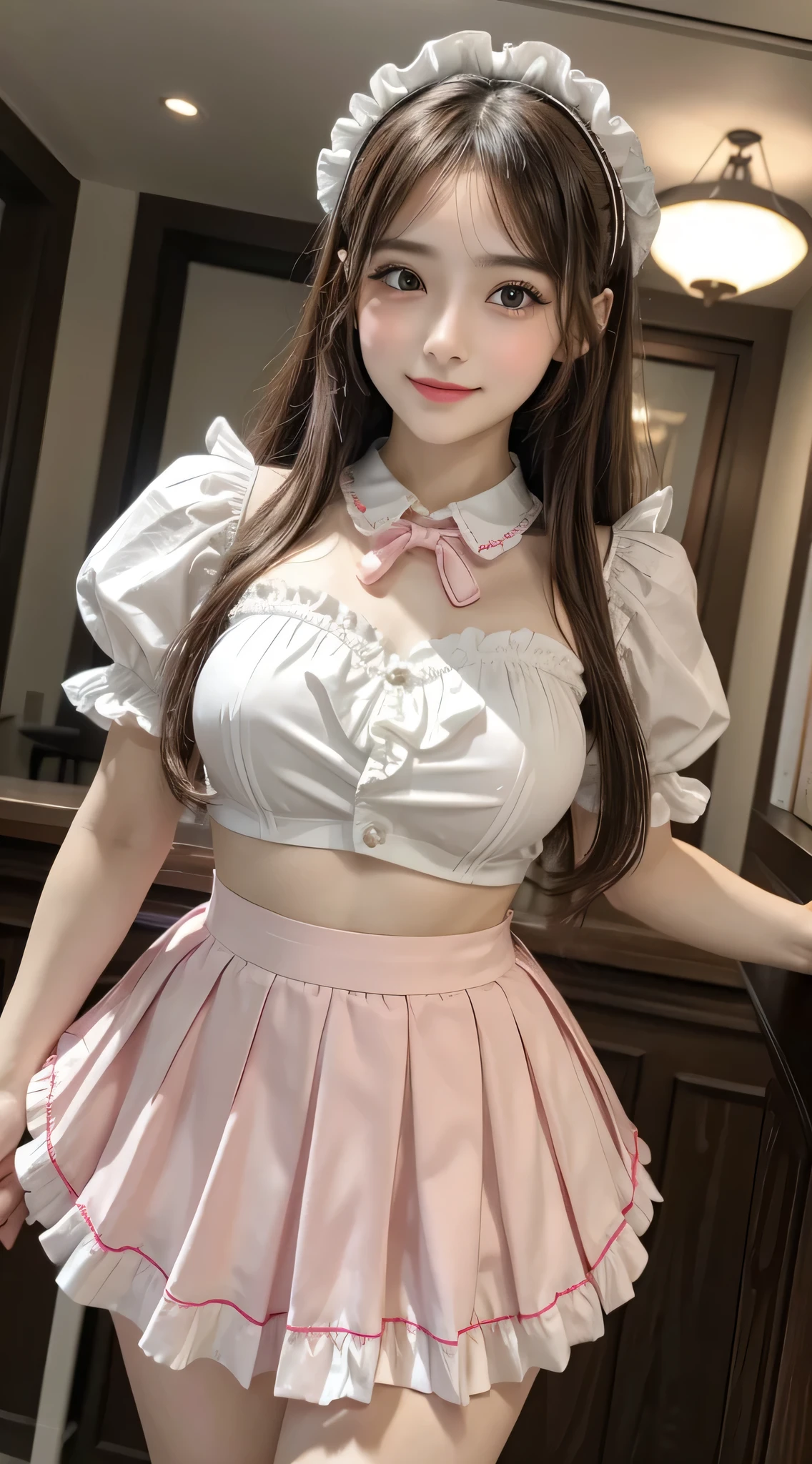 One woman、、28 years old、、Idol、、((whole body))、、、Stylish、、Cute face、、、Stand on the concert stage、、、ponytail、RED pink Hair、、、(Big Breasts)、Pose like an idol、、(full BODY)、、(full shot)、、Twin tails、、、(whole body)、、、White blouse、、、Pink vest、、、Checkered Skirt、、、(mini skirt)、、、Checked skirt