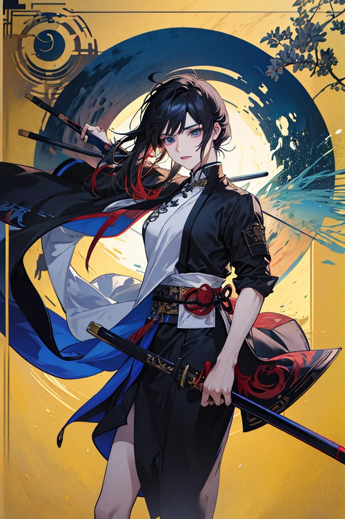 "((Contemporary art:1.2)):Top image quality, Appeared naked, Wearing a ninja uniform, Crossed Sword(arma), Floating above the clouds、Leave ripples under your feet, Appearance at sunset, The deep gaze symbolizes the spirit of the ninja."