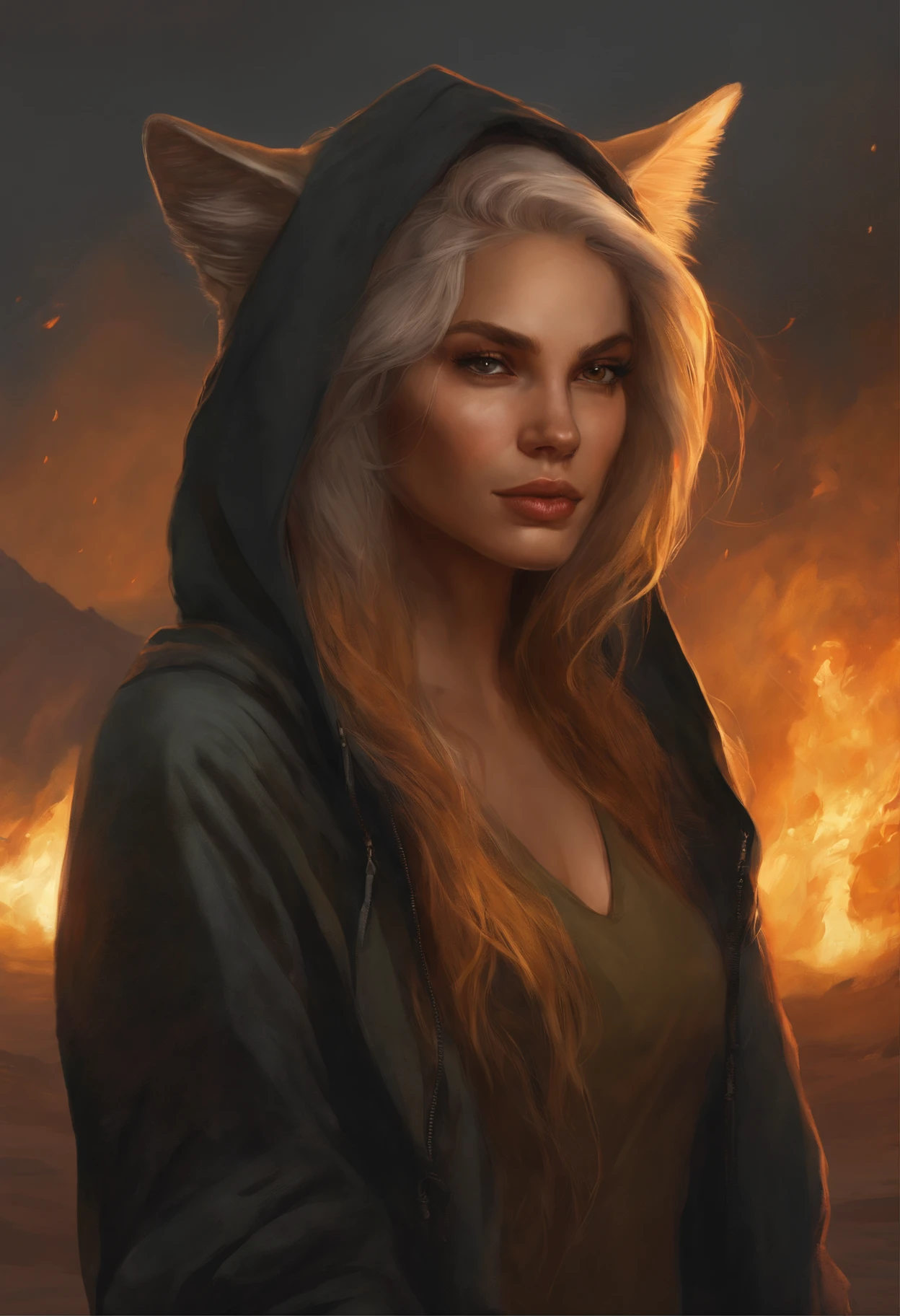 Photo of a burning man with gray hair with a cat on his shoulder., yellow eyes and hoodie., fire, scratch on face, beautiful character painting, white-haired god, graphic artist magali villeneuve, alena aenami and artgerm, fantasy concept art portrait, female redhead templar, Artgerm Craig Mullins, charlie bowater character art, magali villeneuve', charlie bowater rich deep colors, gorgeous digital painting