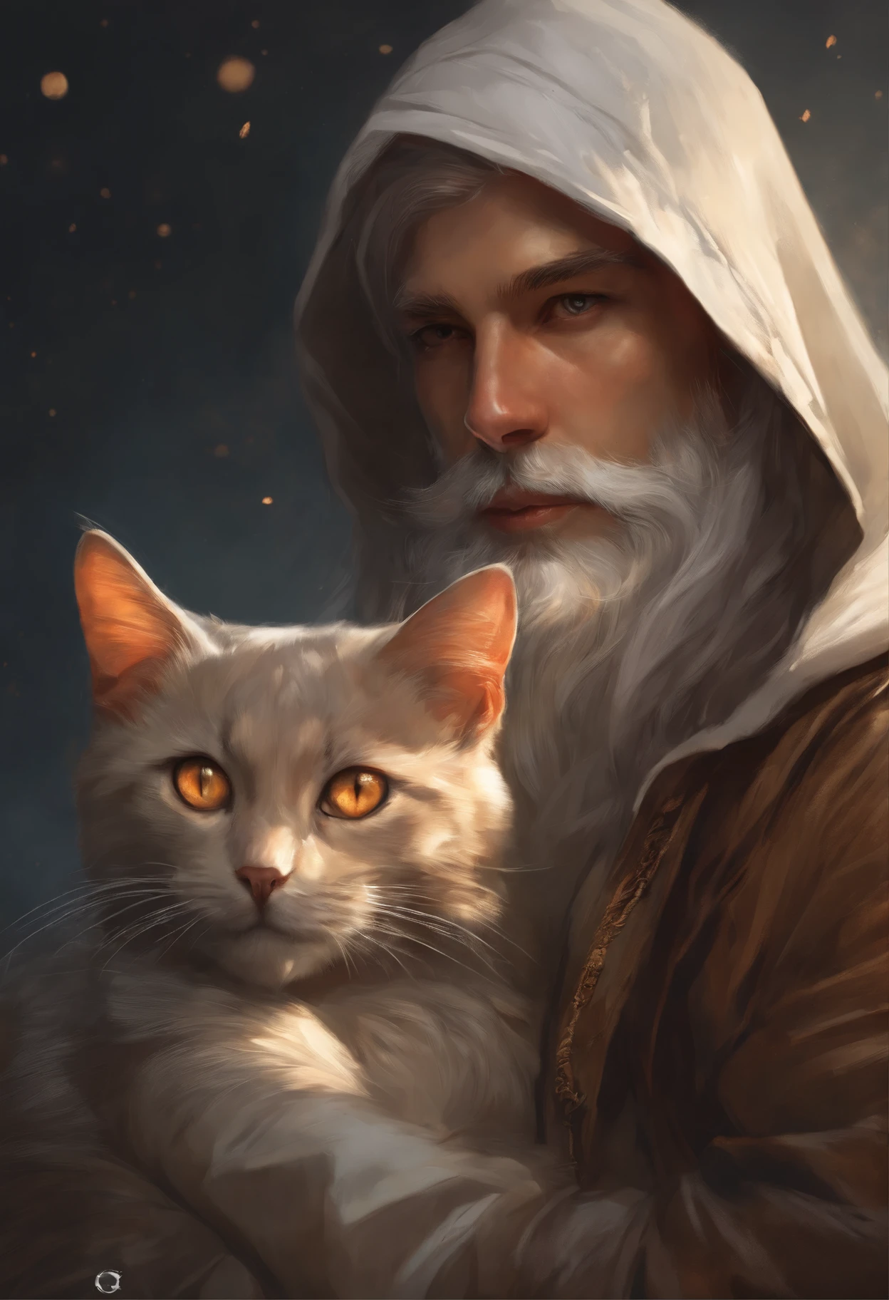 Photo of a burning man with gray hair with a cat on his shoulder., yellow eyes and hoodie., fire, scratch on face, beautiful character painting, white-haired god, graphic artist magali villeneuve, alena aenami and artgerm, fantasy concept art portrait, female redhead templar, Artgerm Craig Mullins, charlie bowater character art, magali villeneuve', charlie bowater rich deep colors, gorgeous digital painting