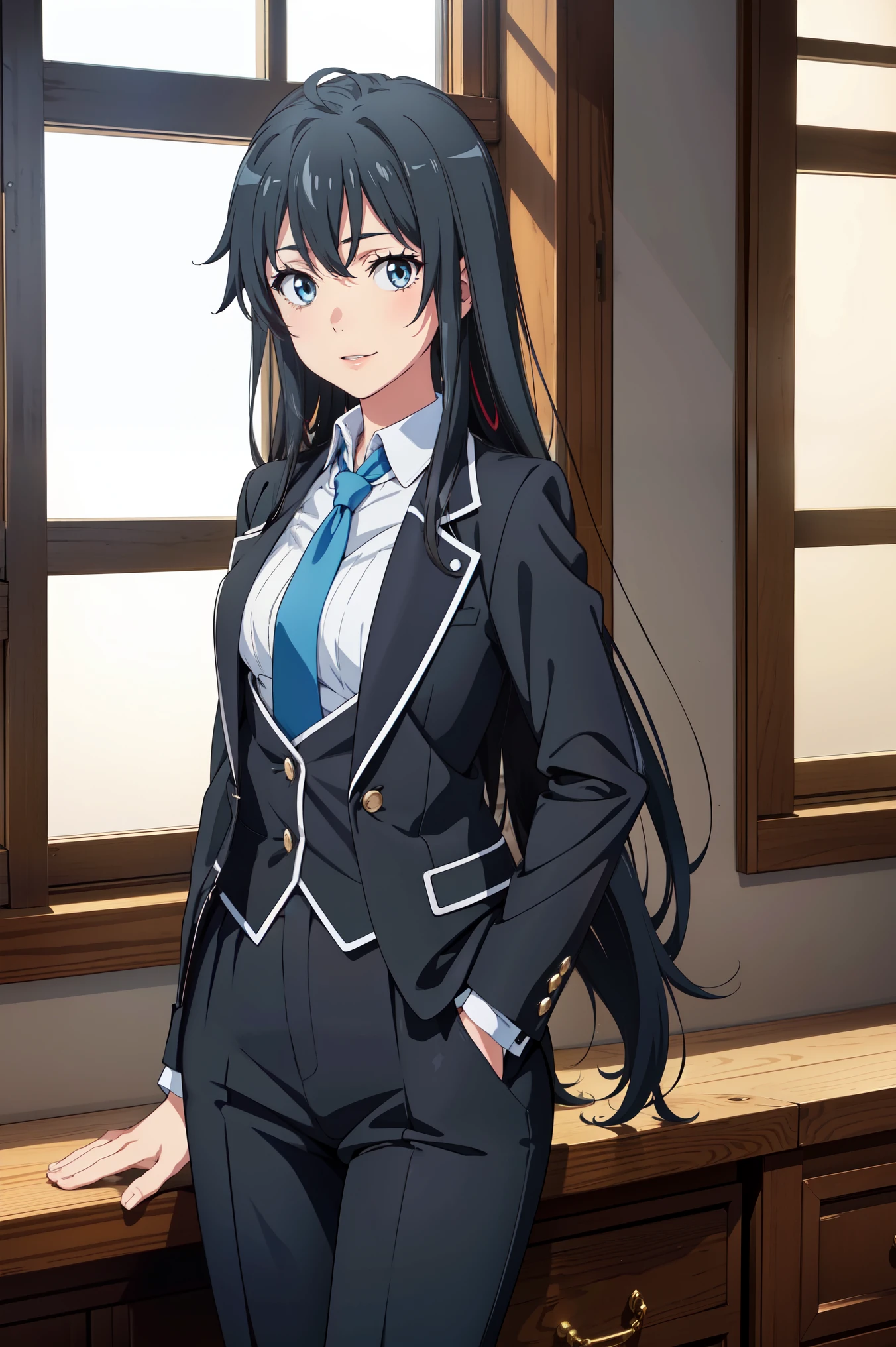 Yukinoshita yukino ,woman in formal attractive tailcoat standing in a large alcove in the room , 1girl, solo, blue necktie, black hair, blue eyes, long hair, smile , collared shirt, white pants, white shirt , tailored tailcoat elegant , standing in front of a window ,tailcoat tailored to perfection crafted from the lustrous fabric, anime moe artstyle, smooth anime cg art, official character art, beautiful anime, fanart, , official art, anime visual of a cute girl, attractive anime girl, high detailed official artwork, visual novel key visual, painted in anime painter studio