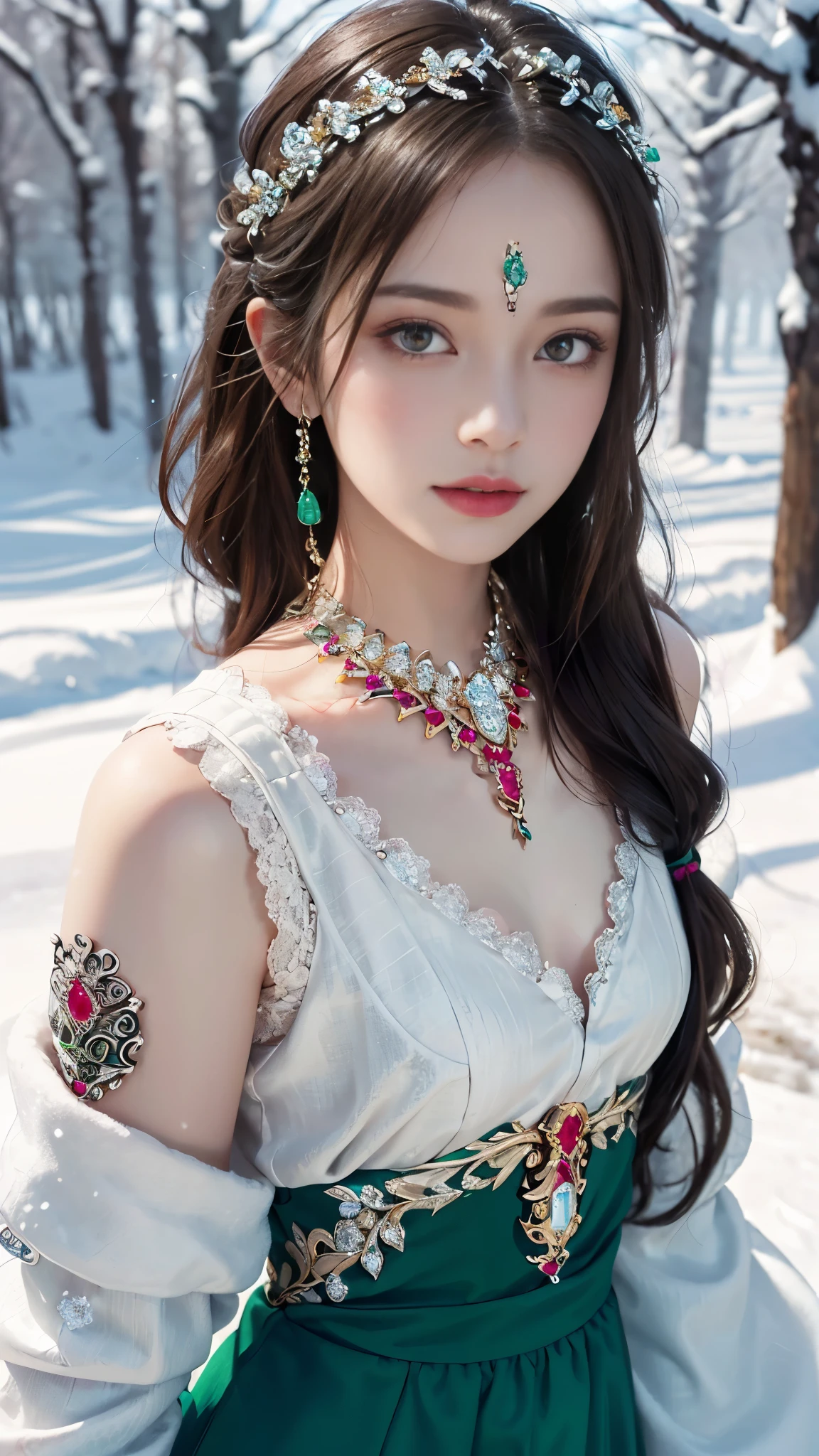 8k, masterpiece, 1 girl, beautiful face, very long hair, light makeup, detailed eyes, detailed lips, small bust, winter dress, green dress, (wearing jewellery:1.8), (lace:1.4), ((snow falling)), attractive poses,