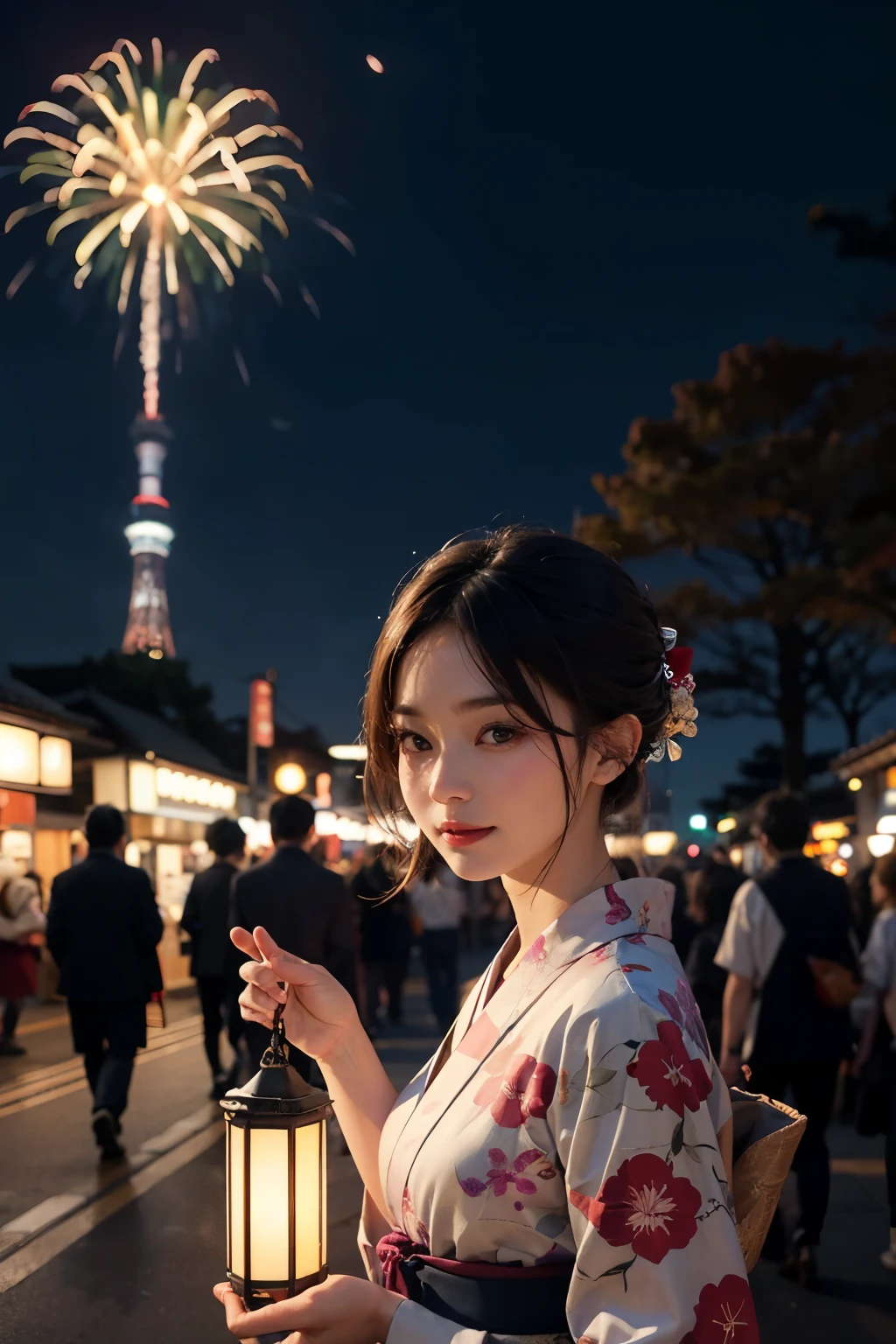Kimono,See-Through,Light,18+,Nobra,Central Tokyo,japan,กินอาหารjapan,nighttime,firelight,
Looks happy.,moon,bokeh,firework,festival,rocket,lamp,floating lantern drop shadow, anaglyph, stereogram, tachi-e, pov, atmospheric perspective, 8k, super detail, ccurate, best quality