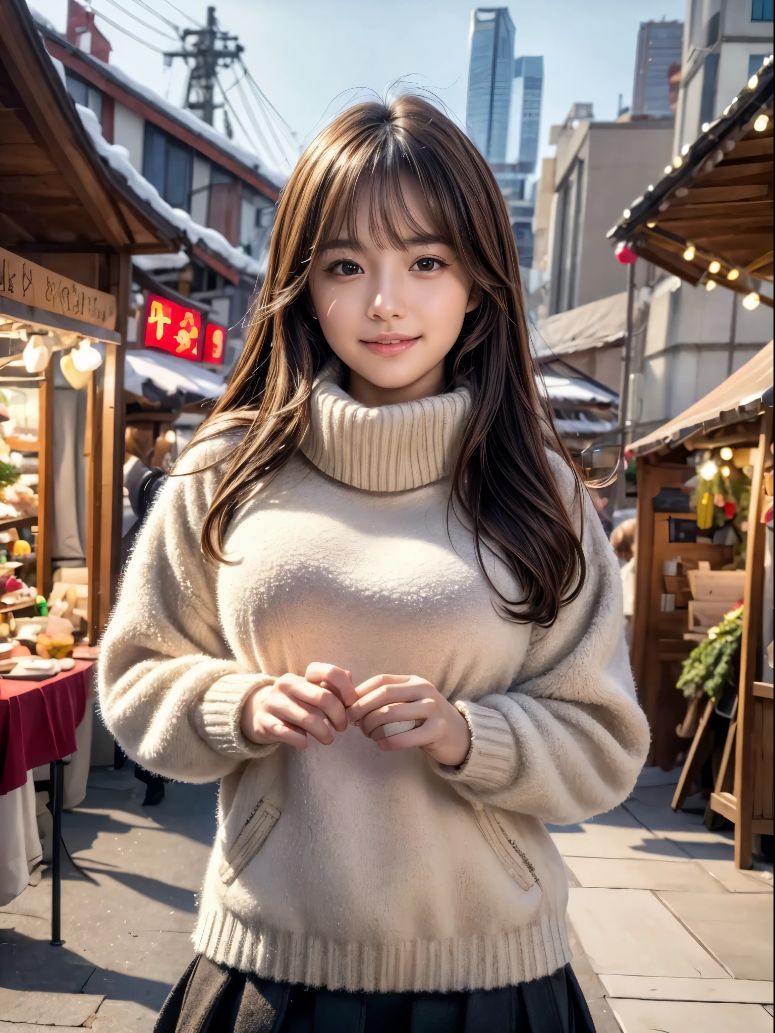 (8k,masterpiece, RAW photo,best quality:1.4),(photo realistic:1.2),(extremely detailed face),(shiny skin),(detailed skin),(detailed face),(extremely beautiful face),1girl,looking at viewer,Japanese idle(actress), brown hair,medium hair,straight hair,asymmetrical bangs,smile,glamor,large breasts, (Fleece jacket, turtleneck sweater, Pleated skirt:1.2), christmas market,high position,professional lighting