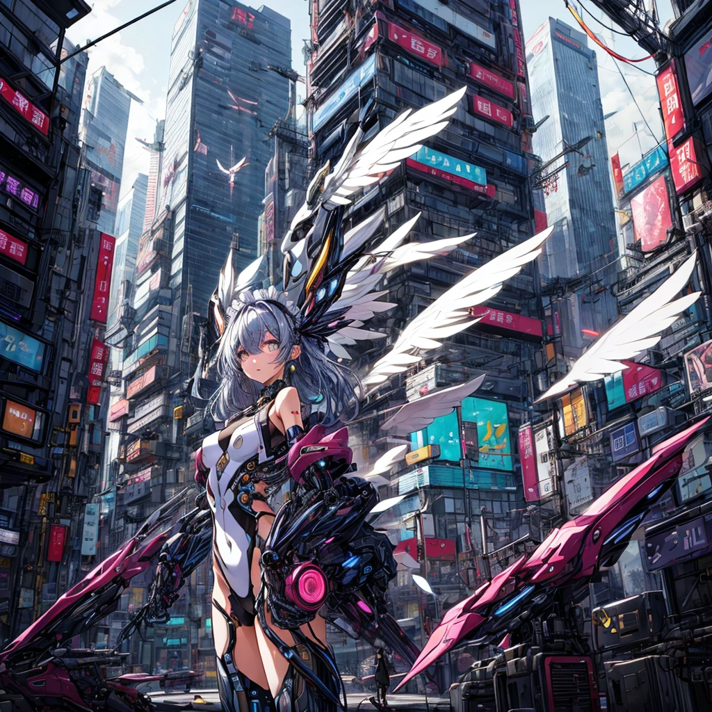 top-quality、ighly detailed、​masterpiece、ultra-detailliert、illustratio、((1girl in))、silber hair、length hair、Floating hair、、Cyber City、Neon building、(The upper part of the body:1.05)、extremely_Detailed_Eyes_And_Face,cybernetic wings mechanical wings、Random posture、Skyscraper、、Mechumusume、shrine maiden clothe,maid clothes、Random angles、anime styled,cowboy  shot