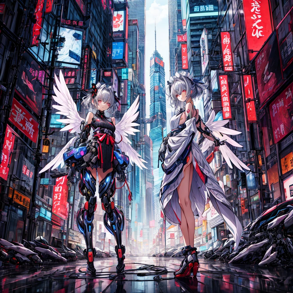 top-quality、ighly detailed、​masterpiece、ultra-detailliert、illustratio、((1girl in))、silber hair、length hair、Floating hair、、Cyber City、Neon building、(The upper part of the body:1.05)、extremely_Detailed_Eyes_And_Face,cybernetic wings mechanical wings、Random posture、Skyscraper、、Mechumusume、shrine maiden clothe,maid clothes、Random angles、anime styled,cowboy  shot