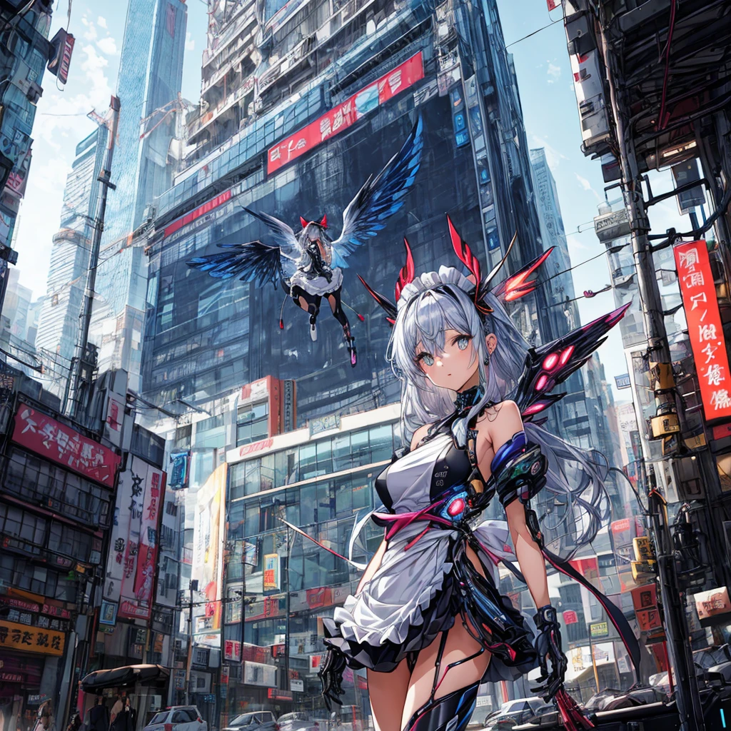 top-quality、ighly detailed、​masterpiece、ultra-detailliert、illustratio、((1girl in))、silber hair、length hair、Floating hair、、Cyber City、Neon building、(The upper part of the body:1.05)、extremely_Detailed_Eyes_And_Face,cybernetic wings mechanical wings、Random posture、Skyscraper、、Mechumusume、shrine maiden clothe,maid clothes、Random angles、anime styled,cowboy  shot