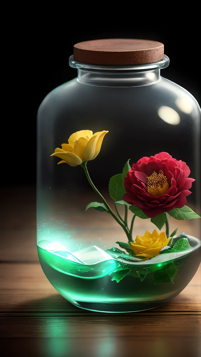 Beauty in a bottle,Flowers grow from bottleluffy,There is a green plastic shell at the bottom of the bottle,realistically,Atmospheric light refraction,Photo by Lee Jeffries,Nikon d850 film stock photo 4 kodak portra 400 camera f1.6 guns,plethora of colors,Hyper-realistic and realistic texture,dramatic lights,Unreal Engine trends on artstation cinestill 800,Style-Glass