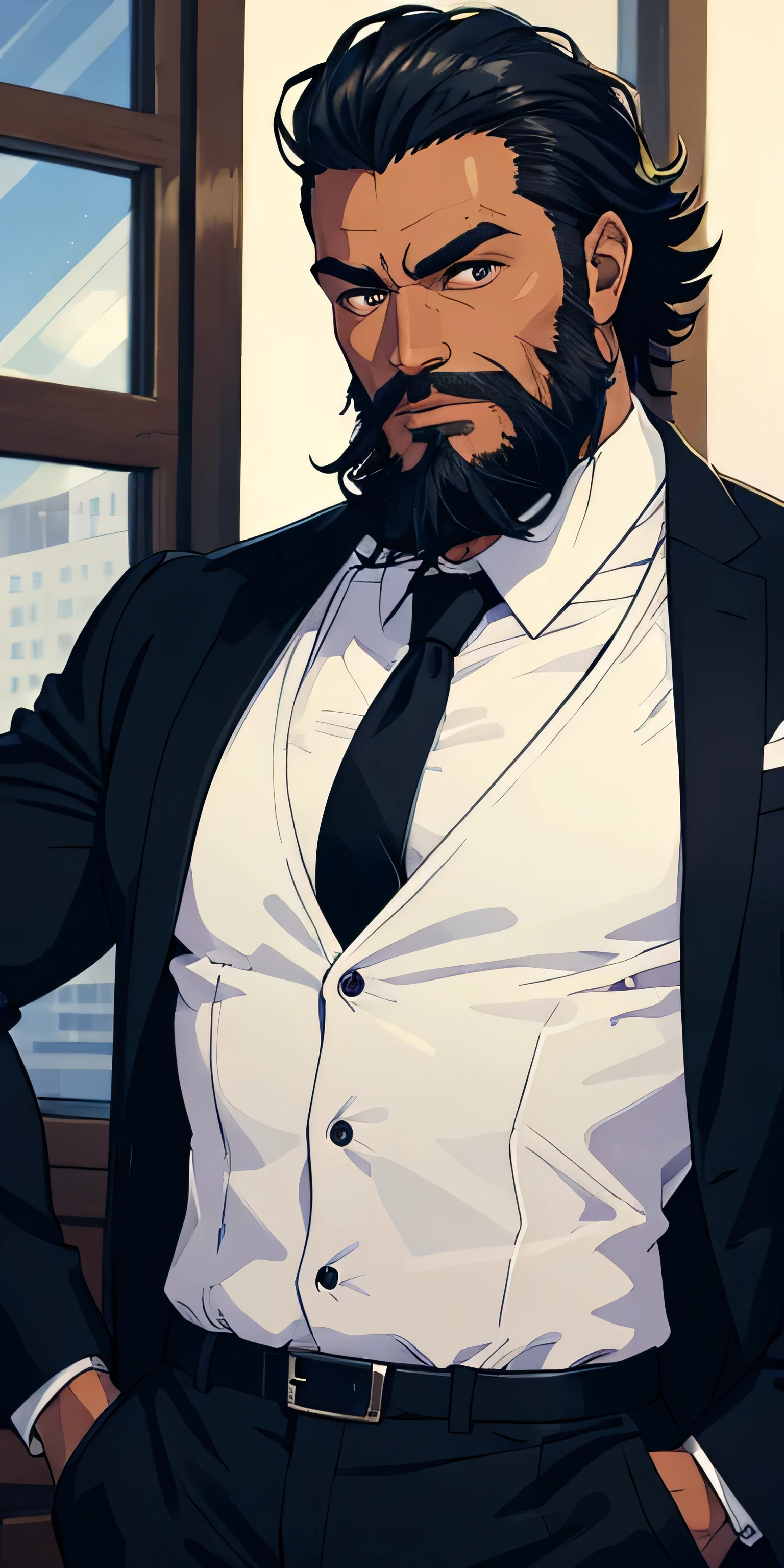 Muscular Man , in his 40s , Black Skin , Beard , Suit and Tie