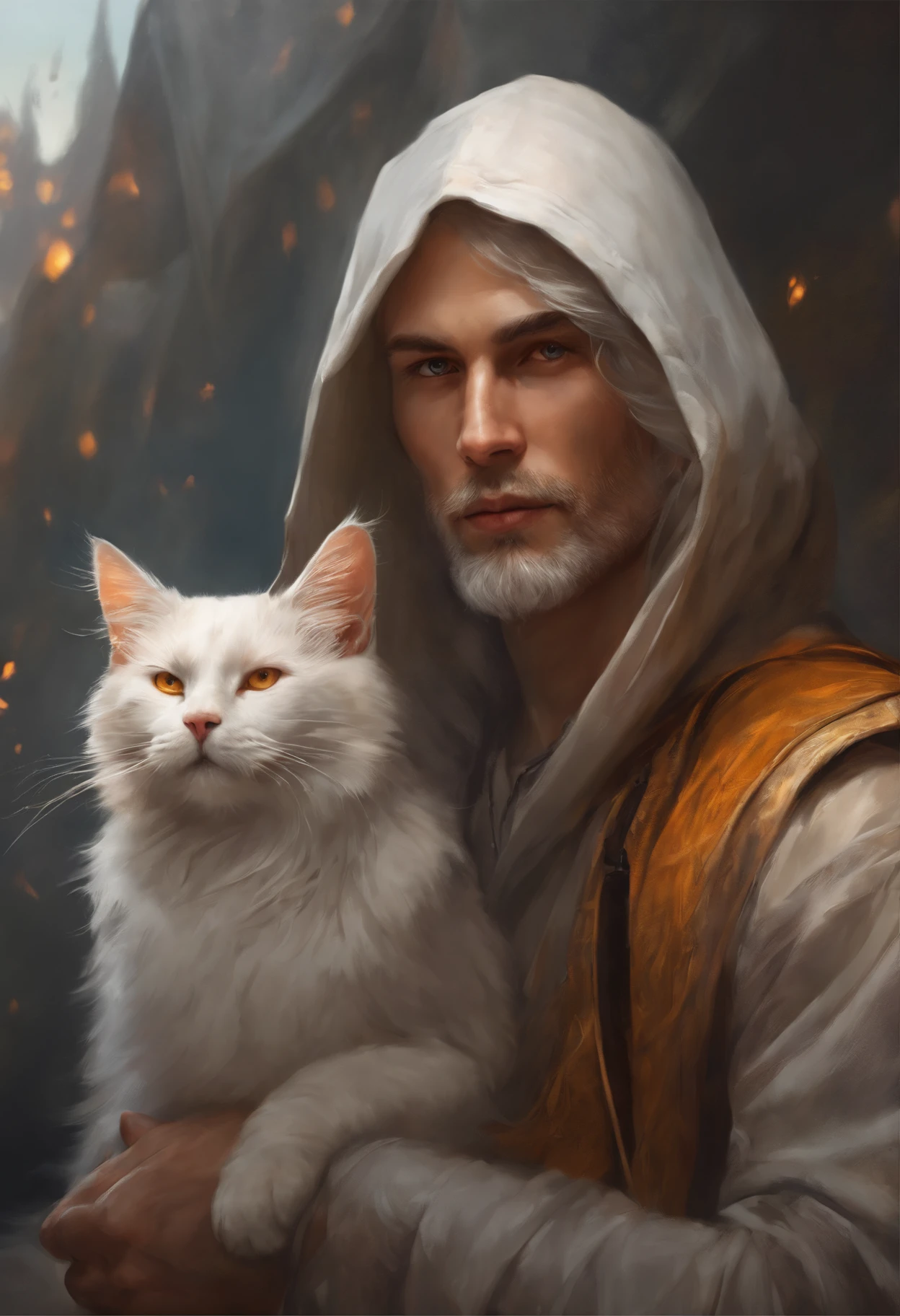 Photo of a burning man with gray hair with a cat on his shoulder., yellow eyes and hoodie., fire, scratch on face, beautiful character painting, white-haired god, graphic artist magali villeneuve, alena aenami and artgerm, fantasy concept art portrait, female redhead templar, Artgerm Craig Mullins, charlie bowater character art, magali villeneuve', charlie bowater rich deep colors, gorgeous digital painting