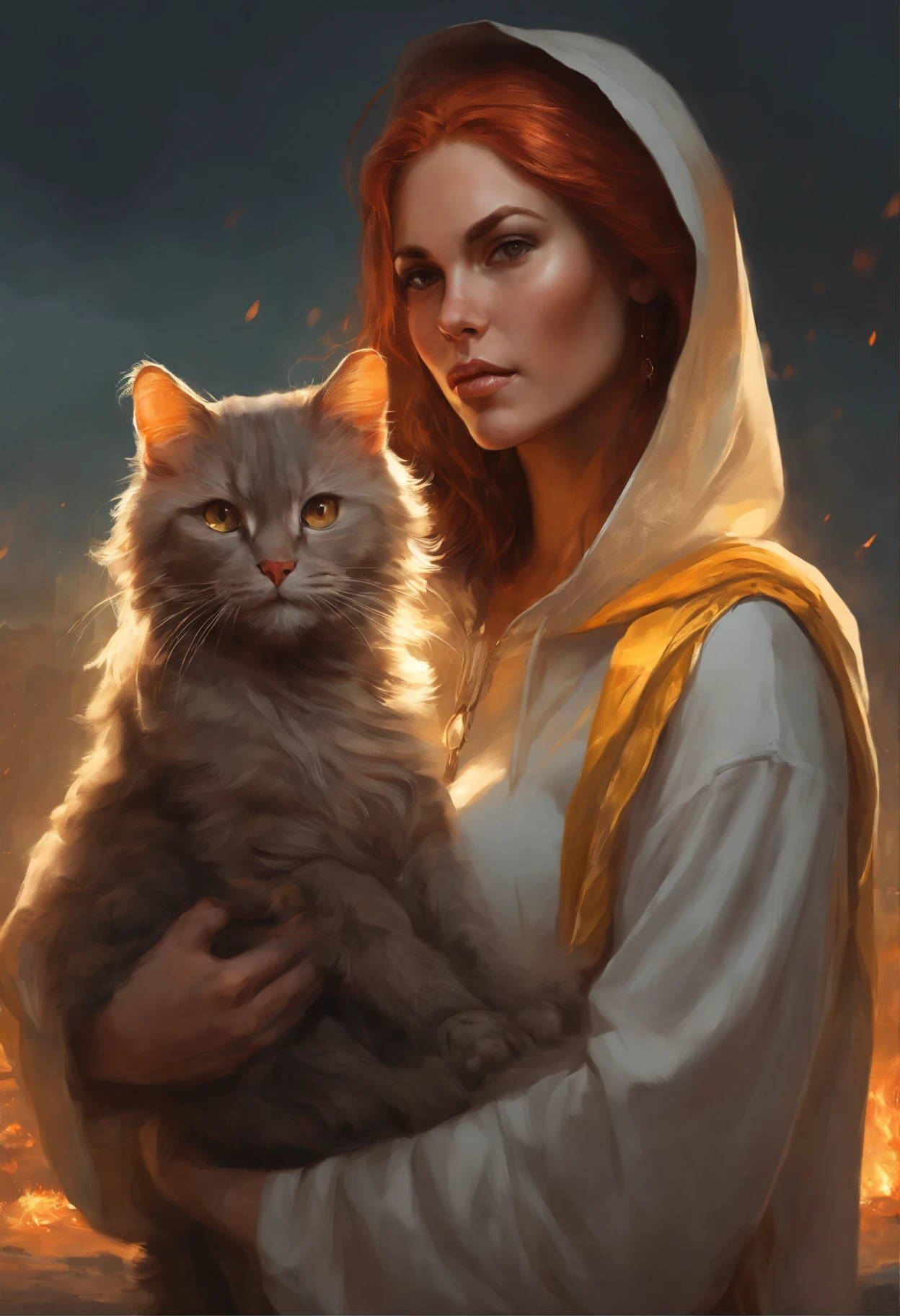 Photo of a burning man with gray hair with a cat on his shoulder., yellow eyes and hoodie., fire, scratch on face, beautiful character painting, white-haired god, graphic artist magali villeneuve, alena aenami and artgerm, fantasy concept art portrait, female redhead templar, Artgerm Craig Mullins, charlie bowater character art, magali villeneuve', charlie bowater rich deep colors, gorgeous digital painting