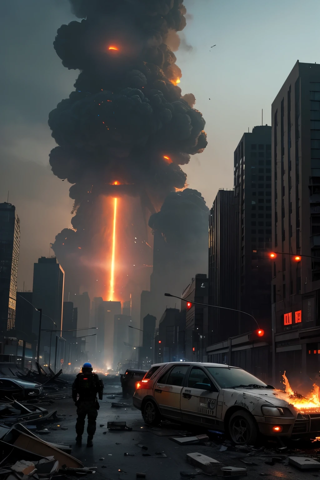 Shot of nuclear explossion all over the city, dystopian world, cinematic beeple, bipe. octan render, beep rendering, estilo cyberpunk hiper-realista, dystopian scifi apocalypse, 3d render bipe, digital concept art of dystopian, arstation e bipe altamente, beeple global illumination